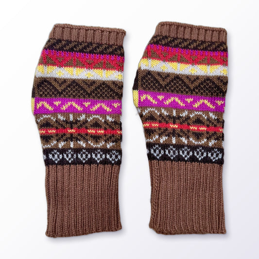 Caramel & Magenta Fair Isle Alpaca Fingerless Gloves on a plain white background