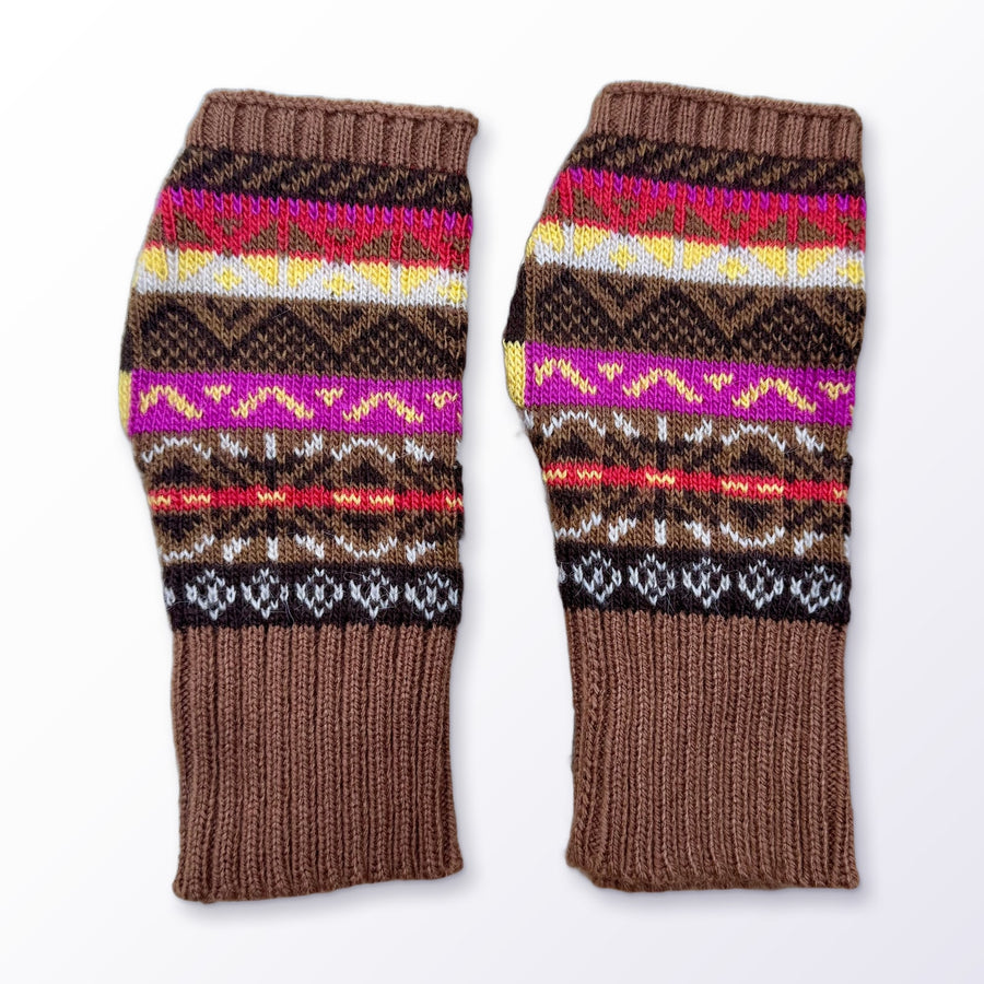 Caramel & Magenta Fair Isle Alpaca Fingerless Gloves on a plain white background