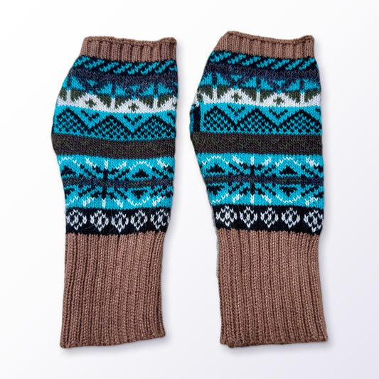 Caramel & Turquoise Fair Isle Alpaca Fingerless Gloves on a plain white background