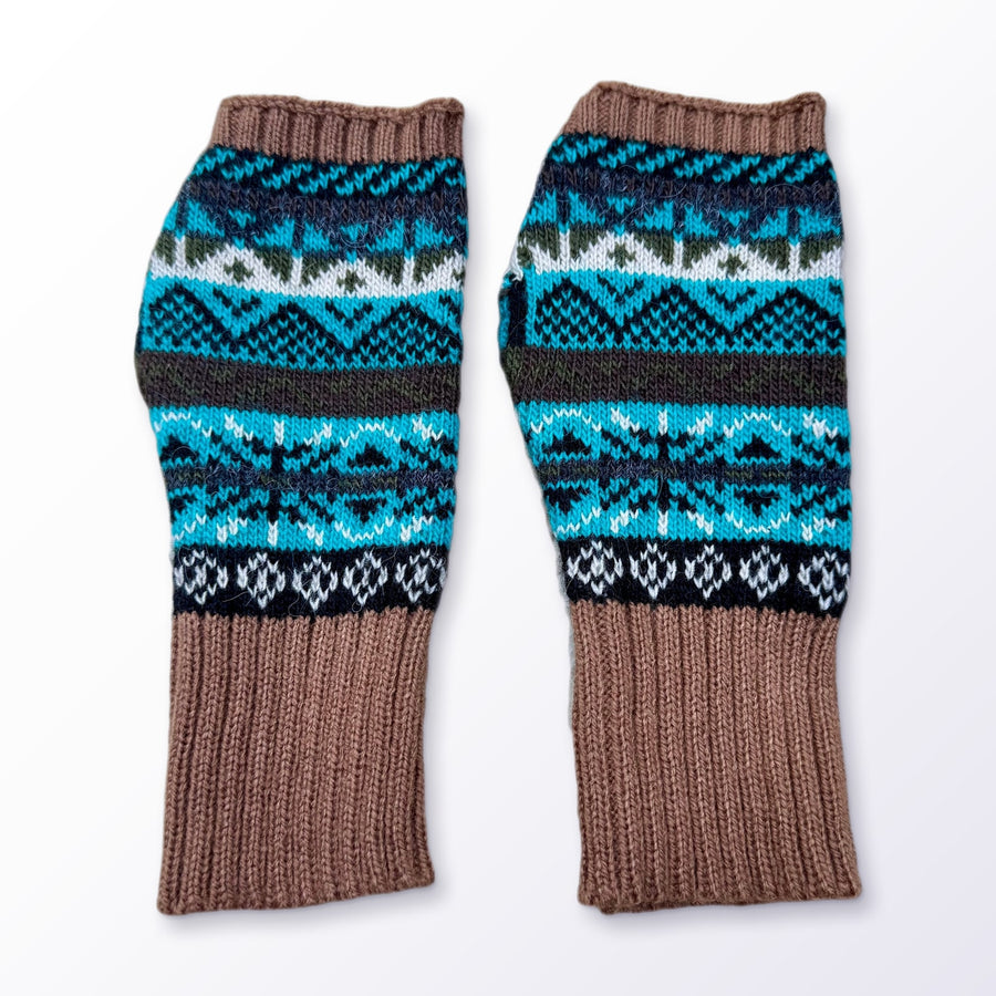 Caramel & Turquoise Fair Isle Alpaca Fingerless Gloves on a plain white background