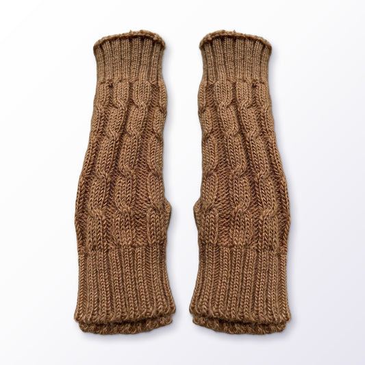Caramel Cable Knit Alpaca Fingerless Gloves on a plain white background