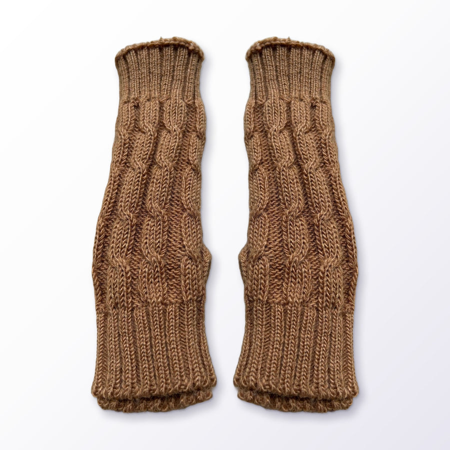 Caramel Cable Knit Alpaca Fingerless Gloves on a plain white background