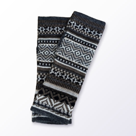 Charcoal & Cream Fair Isle Baby Alpaca Fingerless Gloves on a plain white background