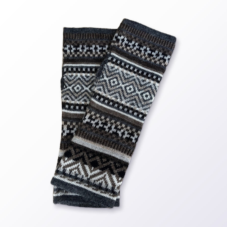 Charcoal & Cream Fair Isle Baby Alpaca Fingerless Gloves on a plain white background