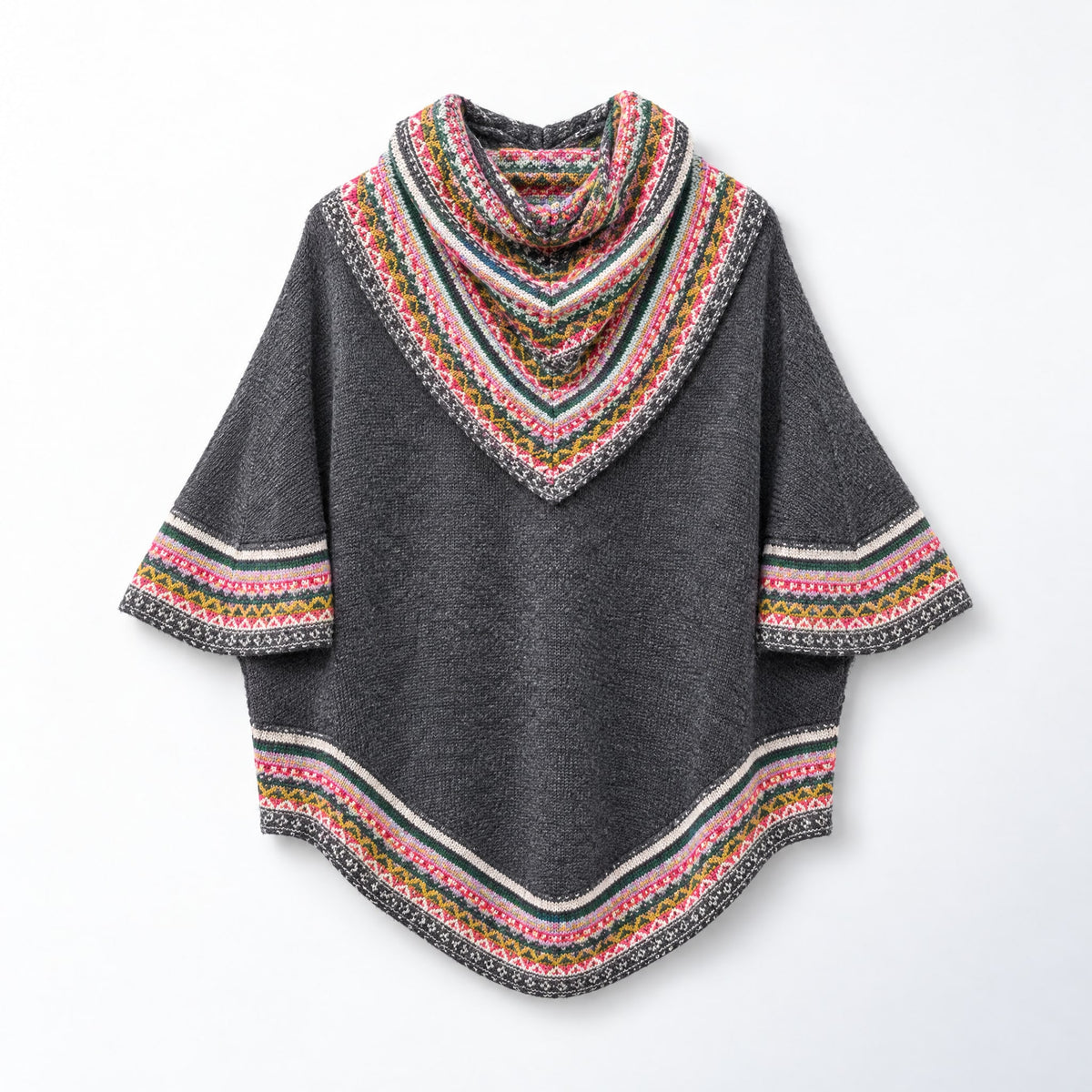 Charcoal & Pink Fair Isle Alpaca Poncho with Sleeves on a plain white background