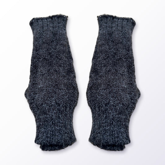 Charcoal Grey Cable Knit Alpaca Fingerless Gloves on a plain white background