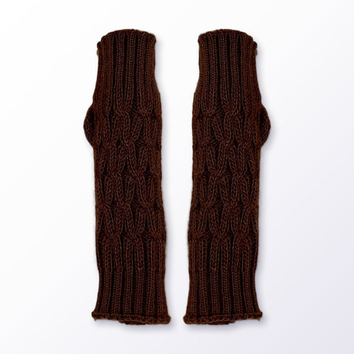 Chocolate Brown Cable Knit Alpaca Fingerless Gloves on a plain white background
