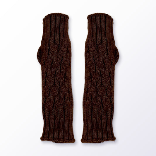 Chocolate Brown Cable Knit Alpaca Fingerless Gloves on a plain white background