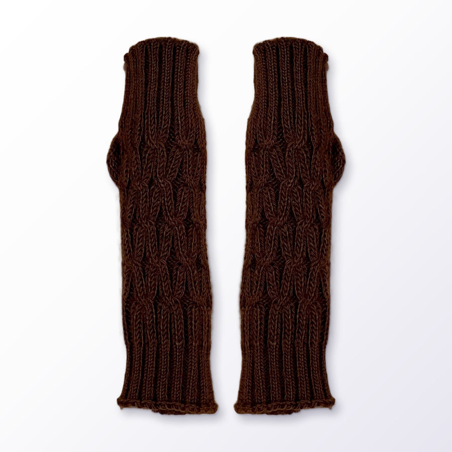 Chocolate Brown Cable Knit Alpaca Fingerless Gloves on a plain white background