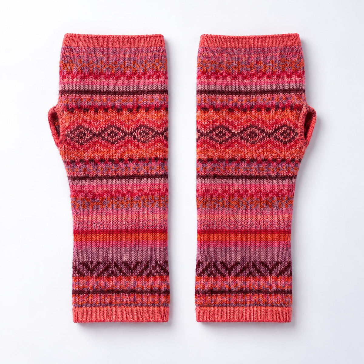 Coral & Burgundy Fair Isle Baby Alpaca Fingerless Gloves on a plain white background