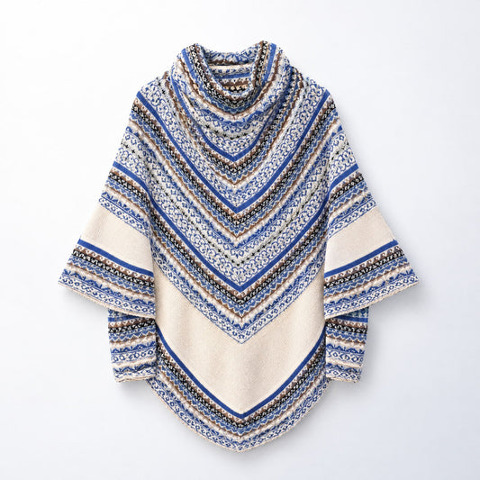 Cream & Blue Fair Isle Alpaca Poncho with Sleeves on a plain white background