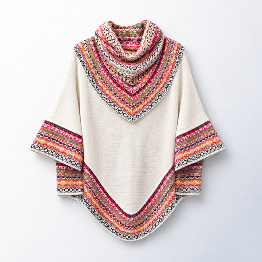 Cream & Coral Fair Isle Alpaca Poncho with Sleeves on a plain white background