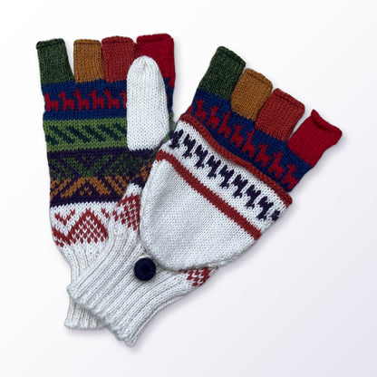 Cream & Navy Fair Isle Convertible Alpaca Mittens on a plain white background