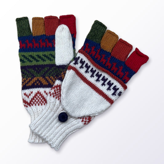 Cream & Navy Fair Isle Convertible Alpaca Mittens on a plain white background