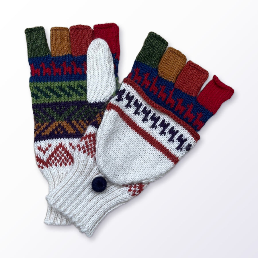 Cream & Navy Fair Isle Convertible Alpaca Mittens on a plain white background