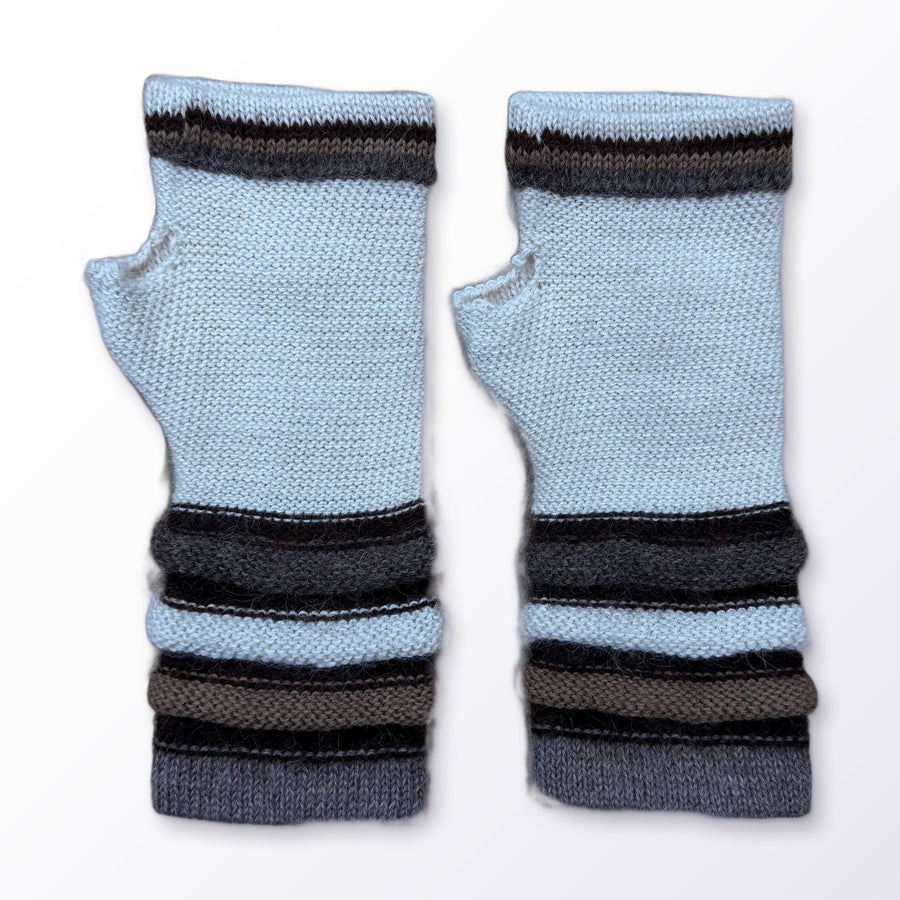 Cream Striped Cuff Baby Alpaca Fingerless Gloves on a plain white background