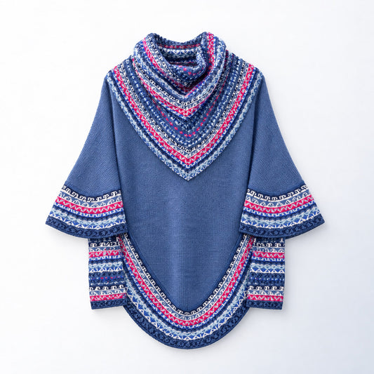 Denim Blue & Pink Fair Isle Alpaca Poncho with Sleeves on a plain white background