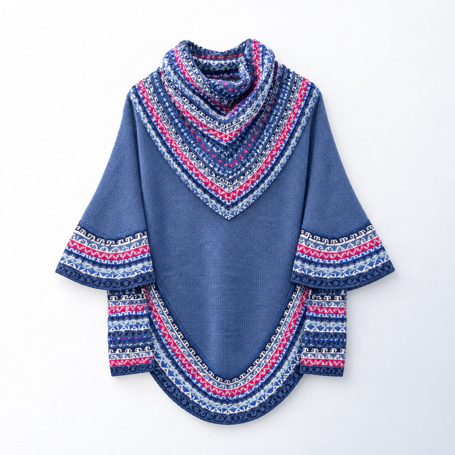 Denim Blue & Pink Fair Isle Alpaca Poncho with Sleeves on a plain white background
