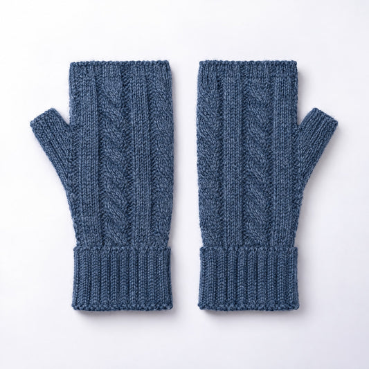 Denim Blue Cable Knit Alpaca Fingerless Gloves on a plain white background