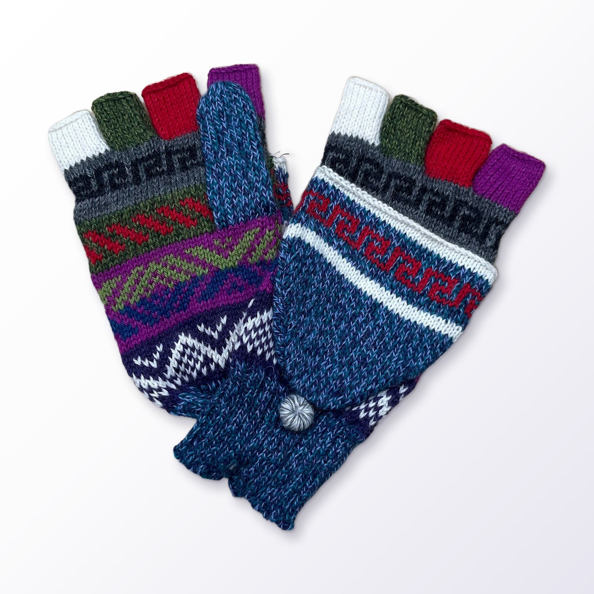 Denim & Grey Greek Key Convertible Alpaca Mittens on a plain white background