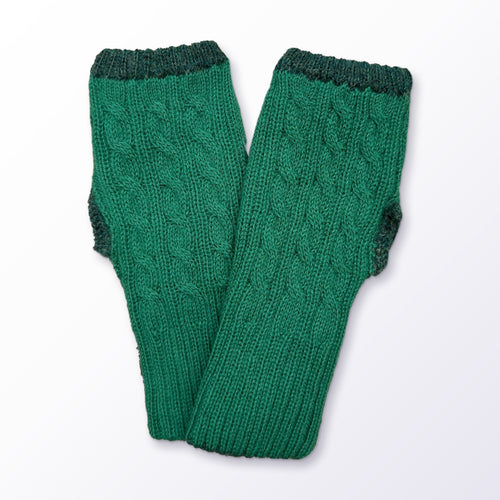 Emerald Green Reversible Cable Knit Baby Alpaca Fingerless Gloves on a plain white background
