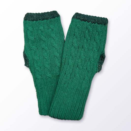 Emerald Green Reversible Cable Knit Baby Alpaca Fingerless Gloves on a plain white background