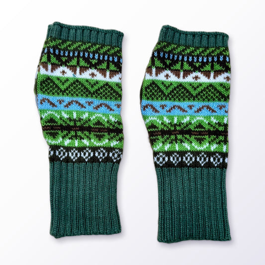 Forest Green Fair Isle Alpaca Fingerless Gloves on a plain white background