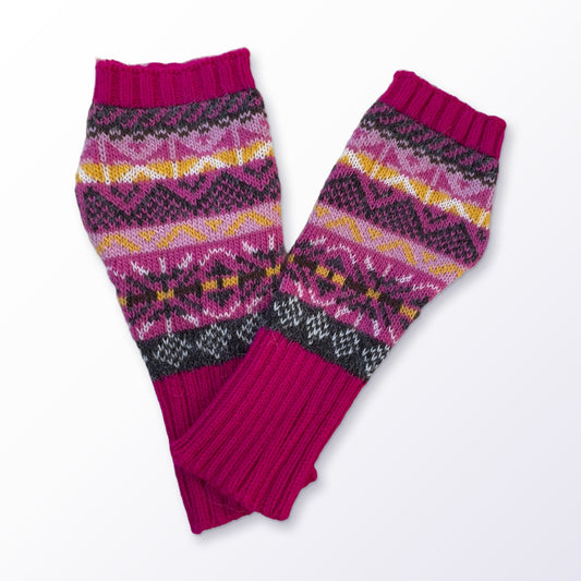 Fuchsia & Yellow Fair Isle Alpaca Fingerless Gloves on a plain white background