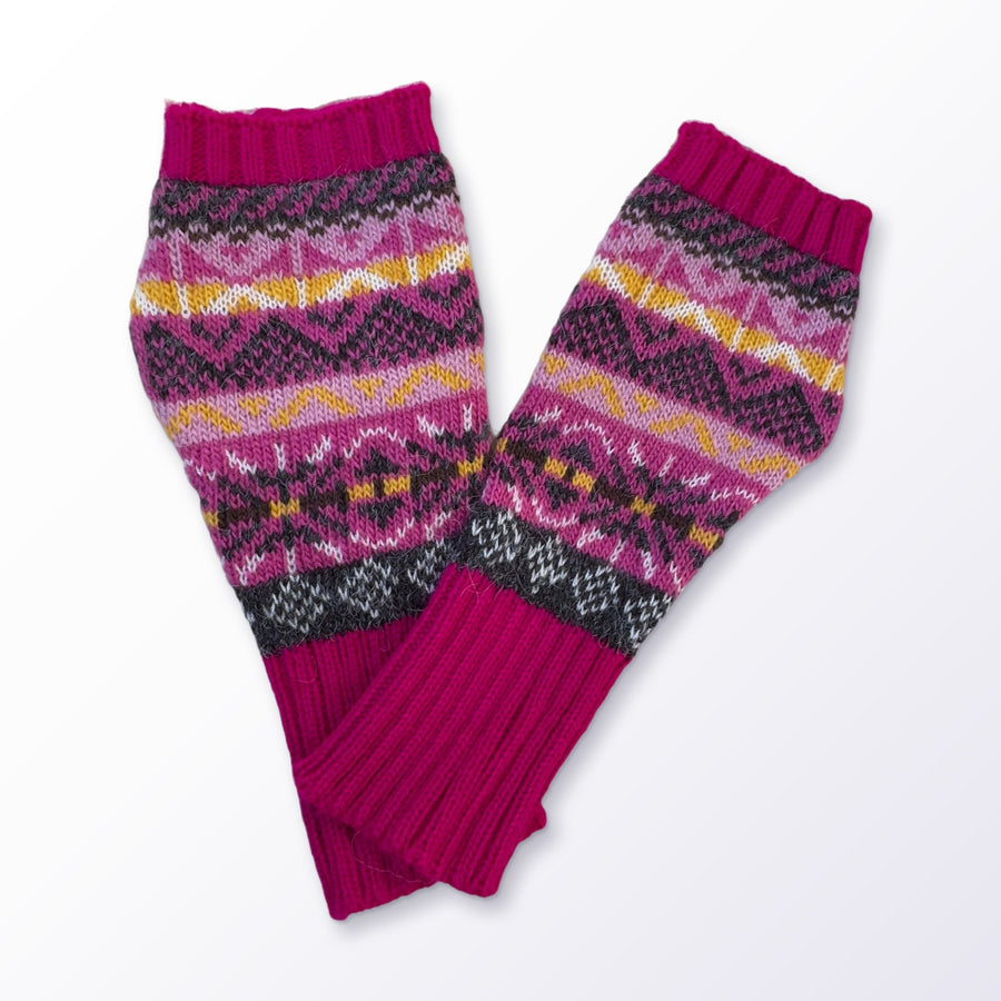 Fuchsia & Yellow Fair Isle Alpaca Fingerless Gloves on a plain white background