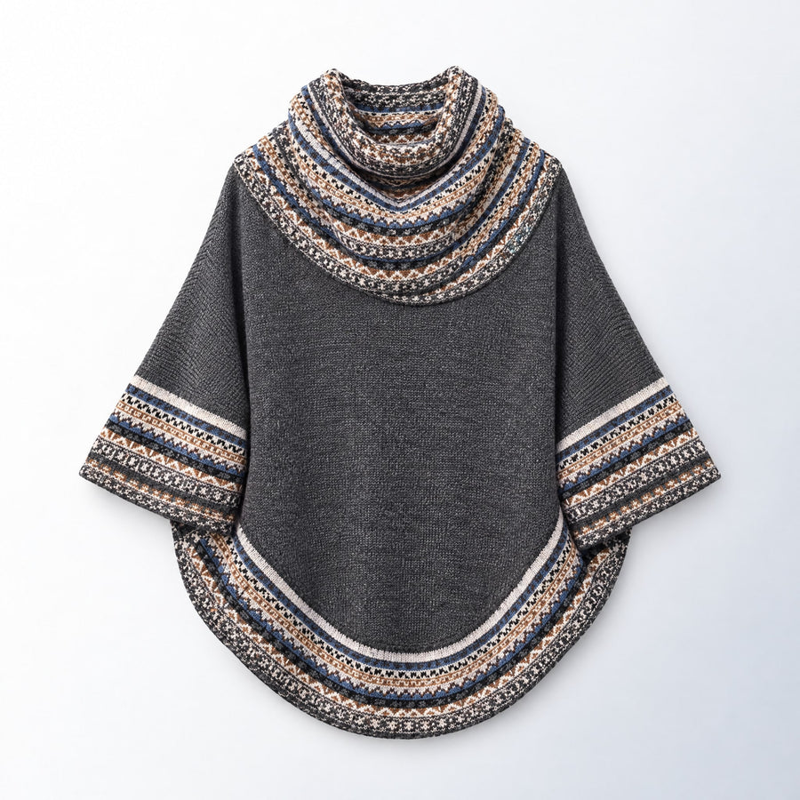 Grey & Tan Fair Isle Alpaca Poncho with Sleeves on a plain white background