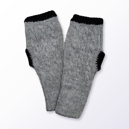 Grey & Black Reversible Cable Knit Baby Alpaca Fingerless Gloves on a plain white background