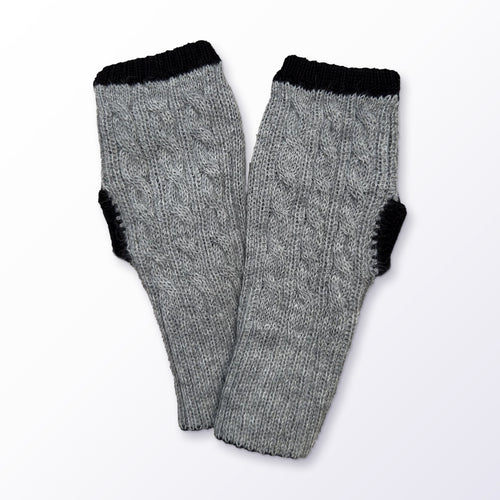 Grey & Black Reversible Cable Knit Baby Alpaca Fingerless Gloves on a plain white background