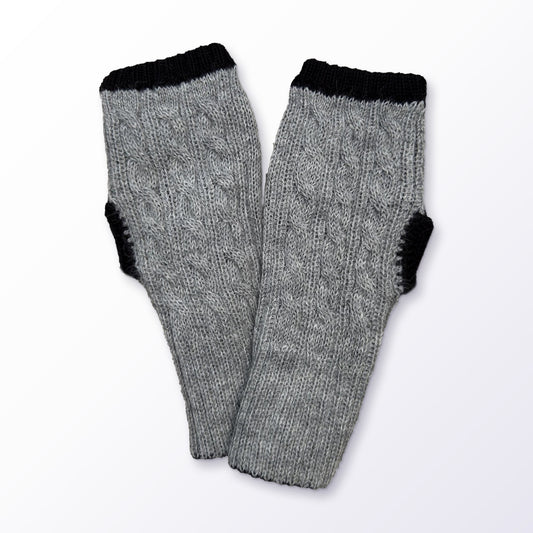 Grey & Black Reversible Cable Knit Baby Alpaca Fingerless Gloves on a plain white background