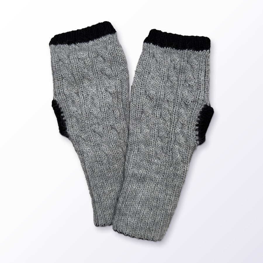 Grey & Black Reversible Cable Knit Baby Alpaca Fingerless Gloves on a plain white background