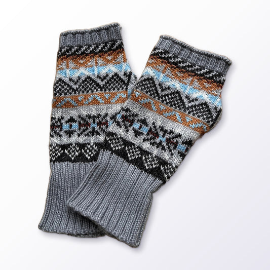 Grey & Blue Fair Isle Alpaca Fingerless Gloves on a plain white background