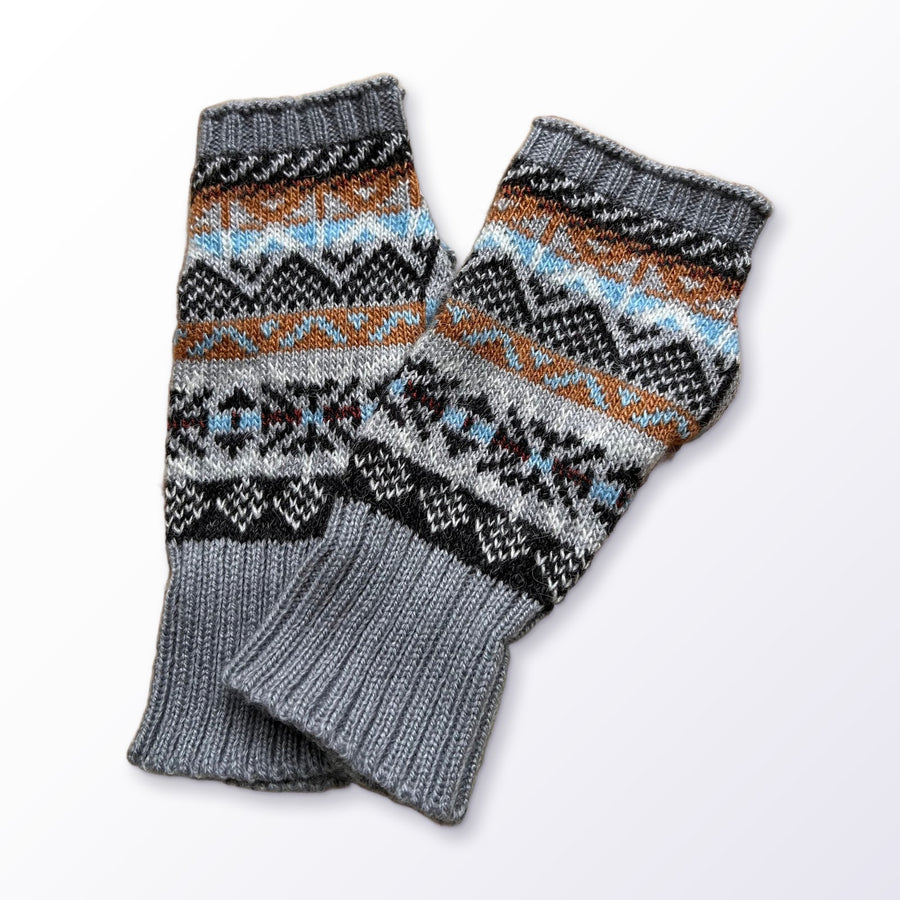 Grey & Blue Fair Isle Alpaca Fingerless Gloves on a plain white background