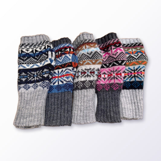 Grey Fair Isle Alpaca Fingerless Gloves on a plain white background