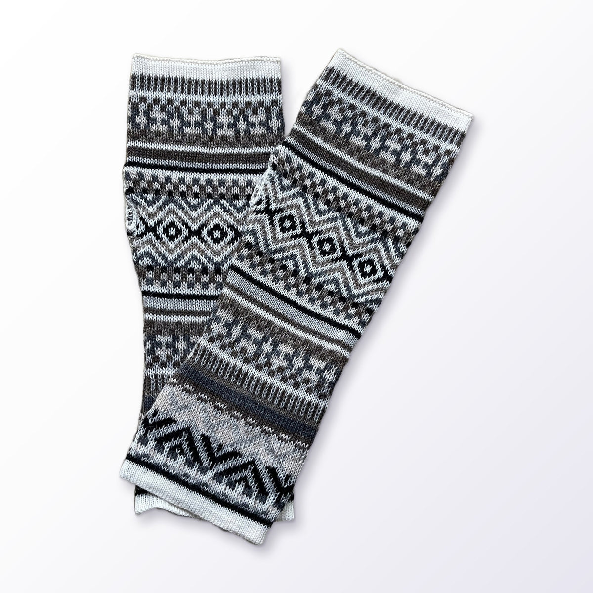 Grey & Taupe Fair Isle Baby Alpaca Fingerless Gloves on a plain white background