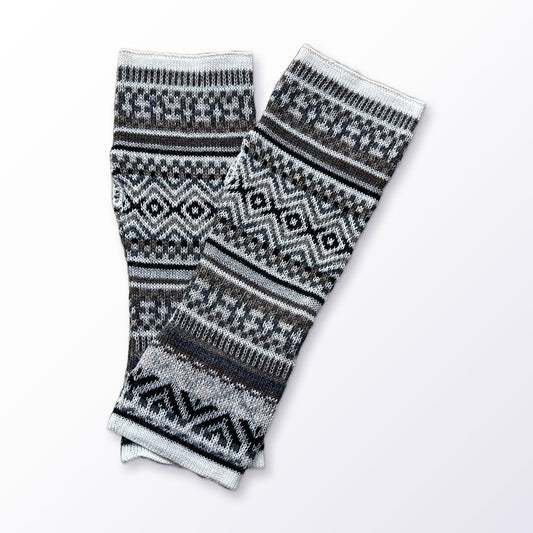 Grey & Taupe Fair Isle Baby Alpaca Fingerless Gloves on a plain white background