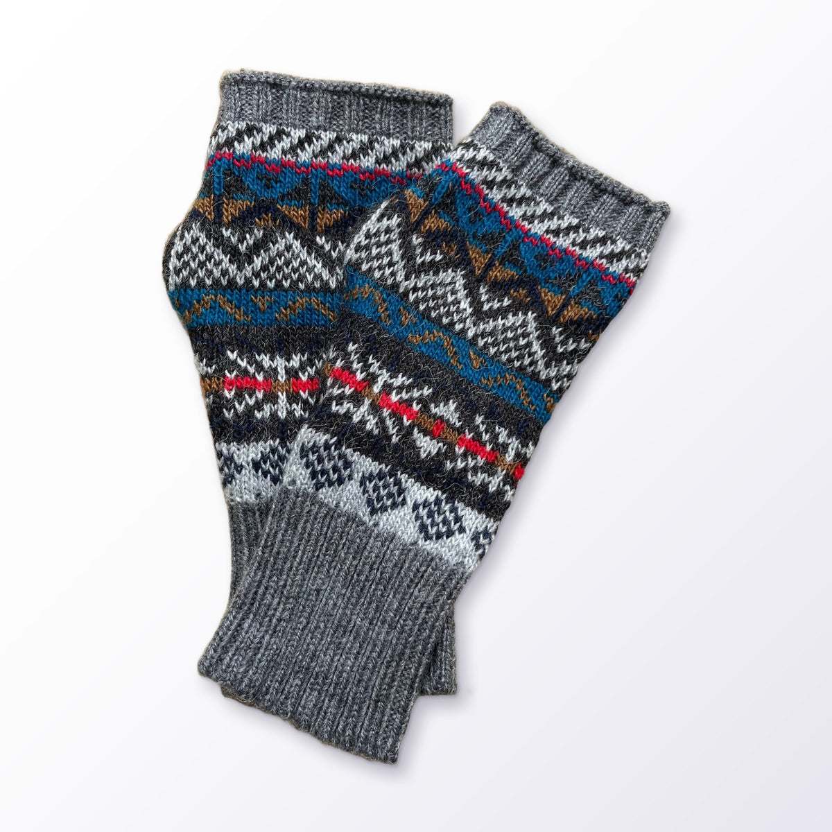 Grey & Teal Fair Isle Alpaca Fingerless Gloves on a plain white background