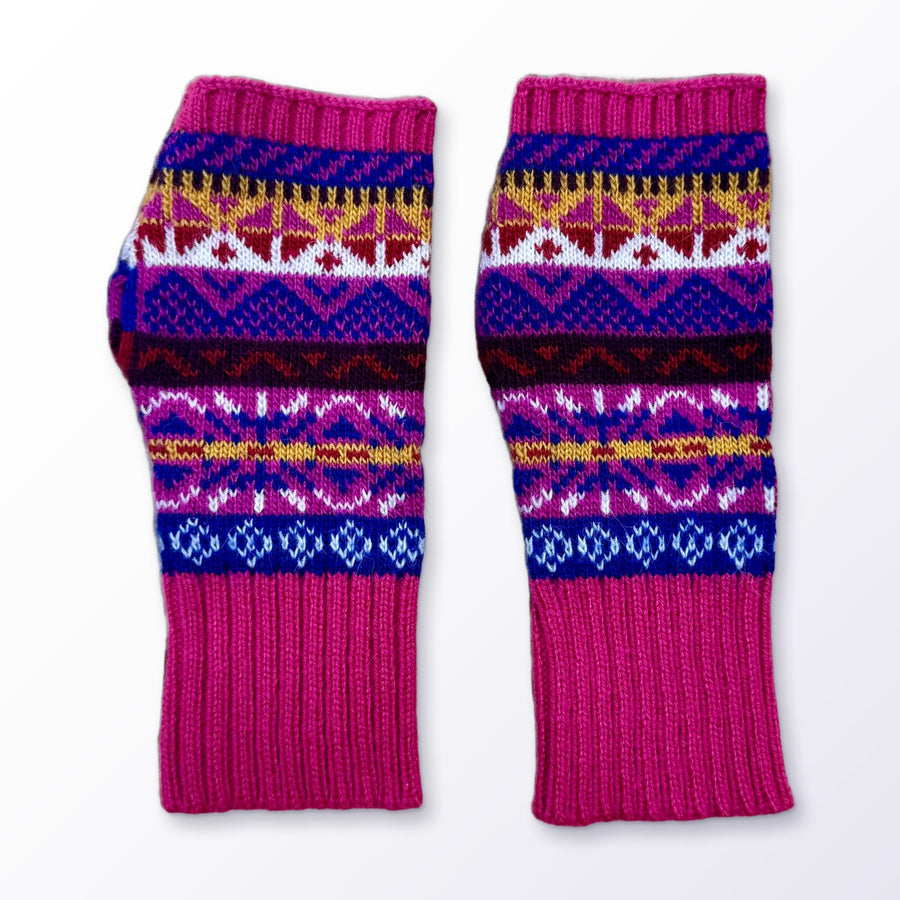 Hot Pink Fair Isle Alpaca Fingerless Gloves on a plain white background