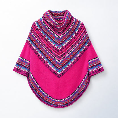 Hot Pink Fair Isle Alpaca Poncho with Sleeves on a plain white background