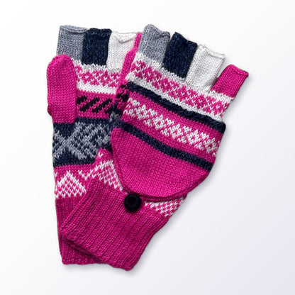 Hot Pink & Neutrals Fair Isle Convertible Alpaca Mittens on a plain white background