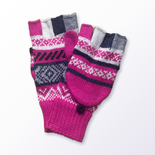 Hot Pink & Olive Fair Isle Convertible Alpaca Mittens on a plain white background