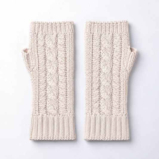 Ivory White Cable Knit Alpaca Fingerless Gloves on a plain white background