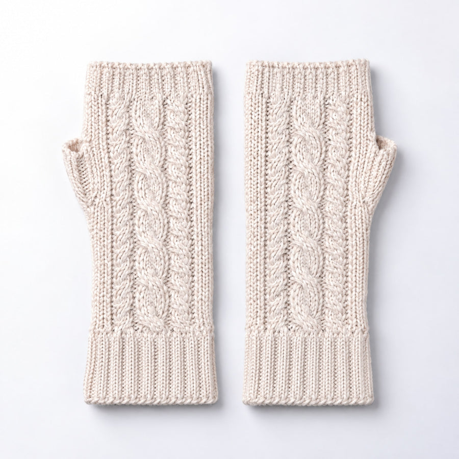 Ivory White Cable Knit Alpaca Fingerless Gloves on a plain white background