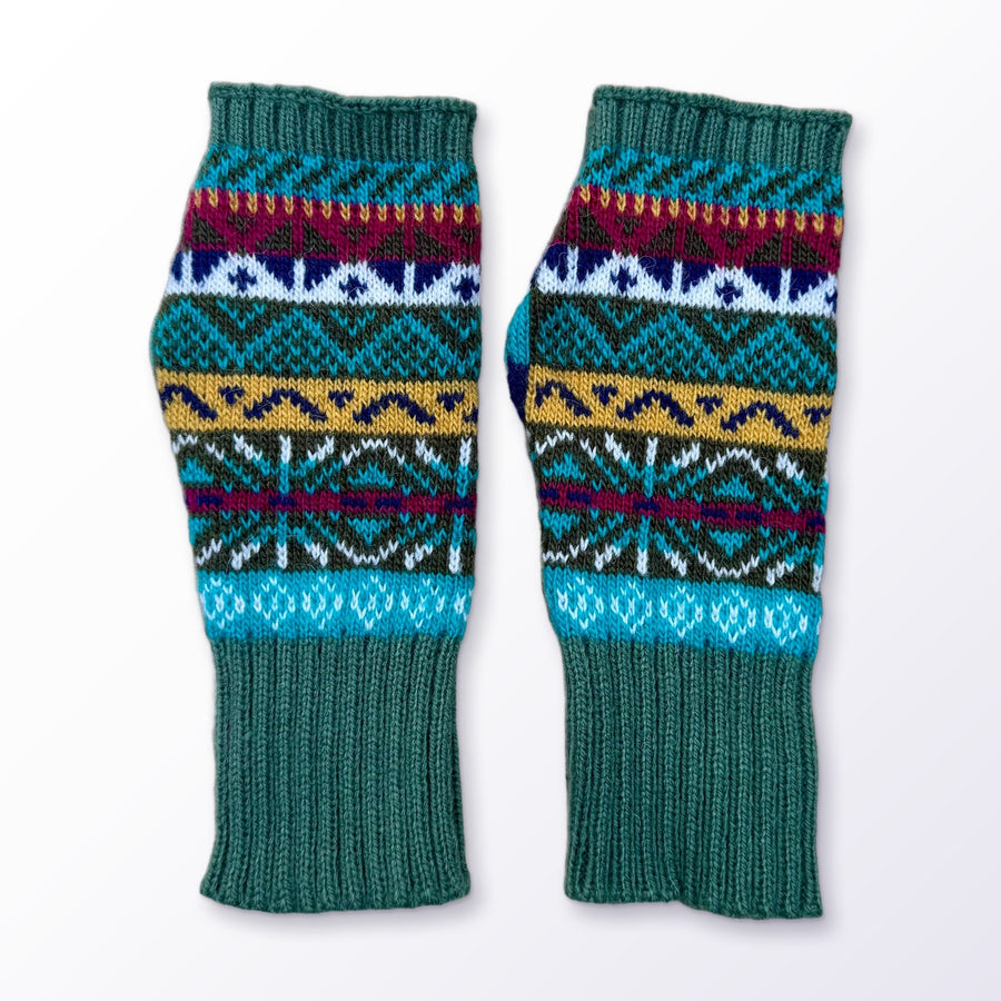 Jade Green Fair Isle Alpaca Fingerless Gloves on a plain white background