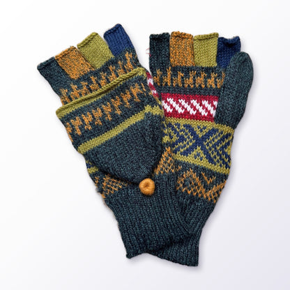 Jewel & Earth Tone Fair Isle Convertible Alpaca Mittens on a plain white background