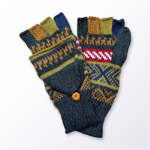 Jewel & Earth Tone Fair Isle Convertible Alpaca Mittens on a plain white background