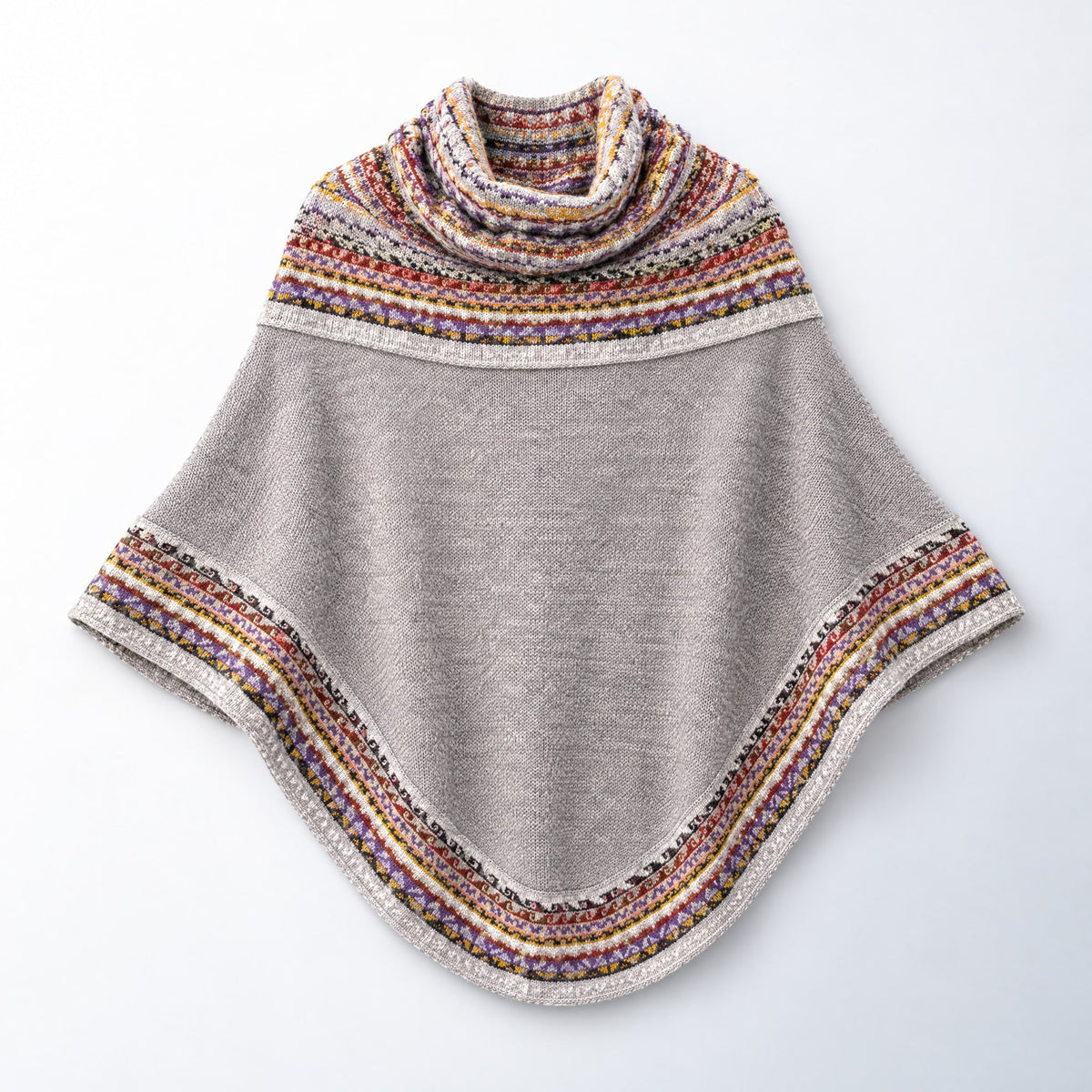 Light Grey & Mustard Fair Isle Alpaca Poncho with Sleeves on a plain white background